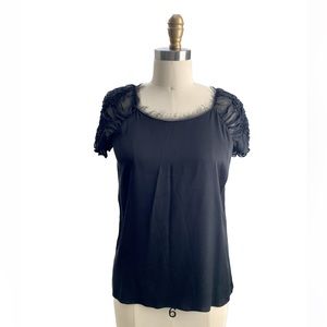 ELIE TAHARI • Black Silk Chiffon Eyelash Trim Short Puff Sleeve Top - Size XS